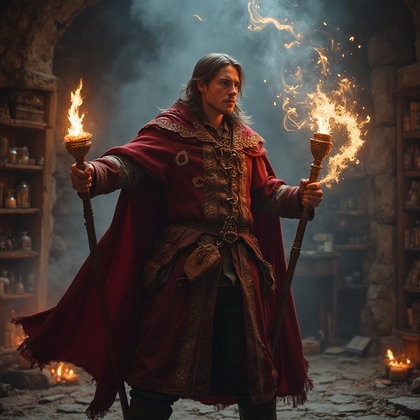 AI-generated photo: Cosplay dynamic action photo of a medieval alchemist caught in the midst of a powerful incantation. ...