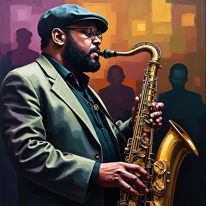 AI-generated photo: **Cubist painting**. A deconstructed portrait of a musician playing a saxophone in a dimly lit jazz ...