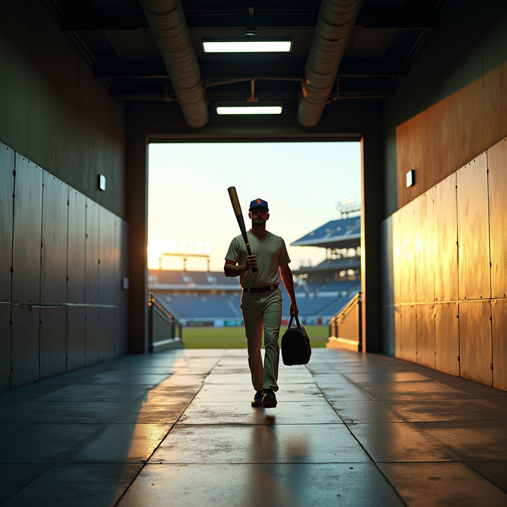 AI-generated photo: Photorealistic professional sports photography at the tunnel mouth where the stadium glow spills inw...