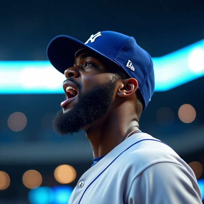 AI-generated photo: Photorealistic professional sports photography. Under a closed dome with cool cobalt LED ribbons, an...