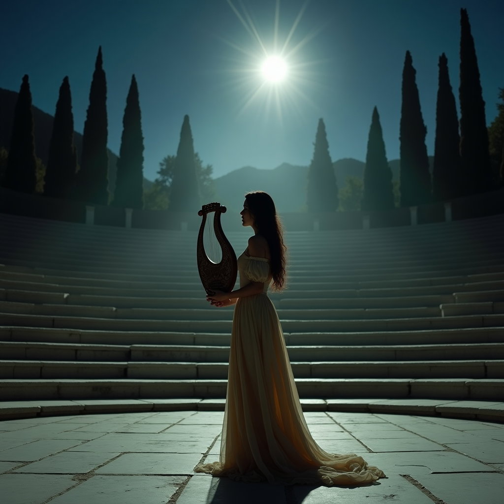 Solo Orpheus Moonlit Poet-Hero Portrait example: Cinematic mythological portrait photography. Environmental portrait inside an ancient amphitheater at night, the solo po