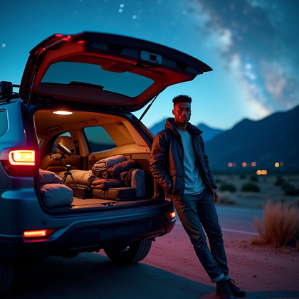 AI-generated photo: Photorealistic portrait photograph, astro explorer leaning against a rugged SUV with the back hatch ...