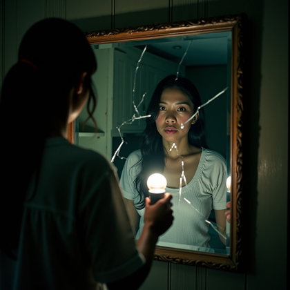 Flashlight-in-the-Dark Cabin Survivor example: Cinematic horror surreal portrait photo. An unexpected creative variation showing the subject reflected in a cracked cab