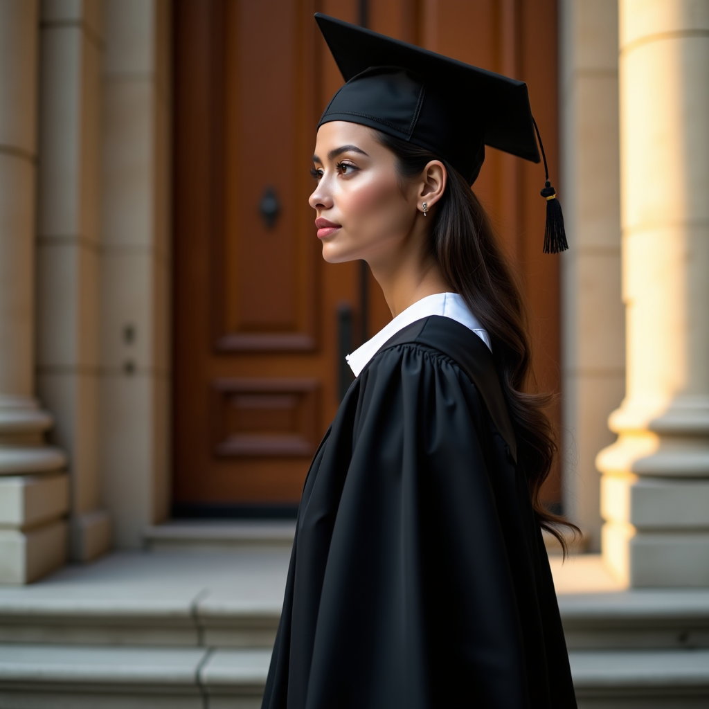 AI-generated photo: Professional portrait photography, a graduate stands in elegant side profile on the steps of a state...