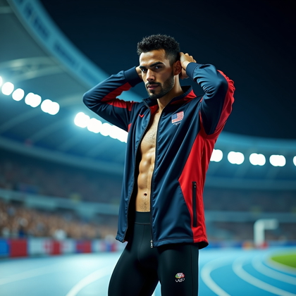 AI-generated photo: Photorealistic fashion photography, nighttime stadium setting with the athlete on the infield near t...