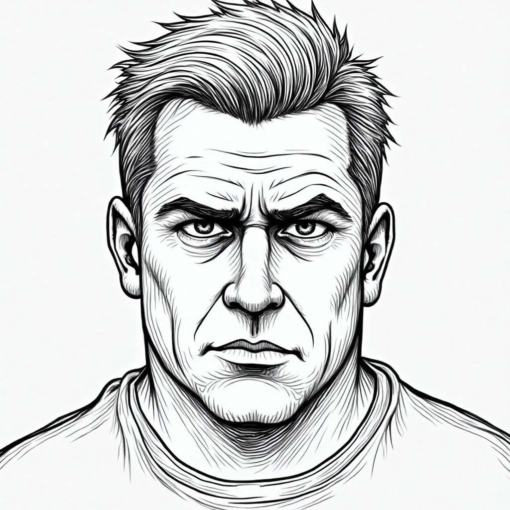 AI-generated photo: Line art illustration. Illustrate the intense, emotional gaze of a 39-year-old Caucasian man with a ...