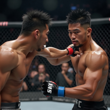 AI-generated photo: Photorealistic dynamic shot of a UFC fighter in a defensive stance, skillfully blocking an incoming ...