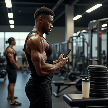 AI-generated photo: Photorealistic fitness photography capturing a waist-up mirror pump shot in a free-weights area, fit...