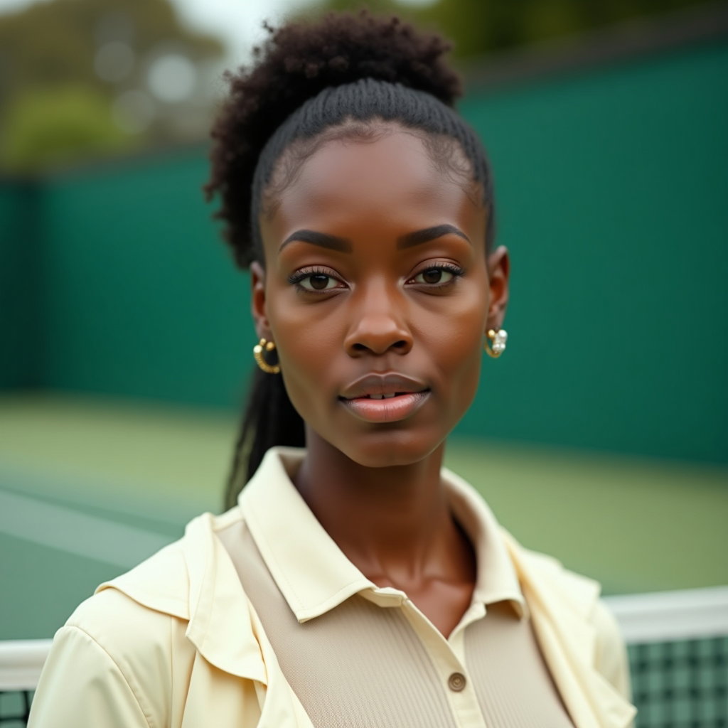 Simple Tenniscore Portraits That Avoid Looking Too Costume-Like example: Photorealistic portrait photography. Close-up portrait with the face clearly visible, wearing a crisp collared knit top