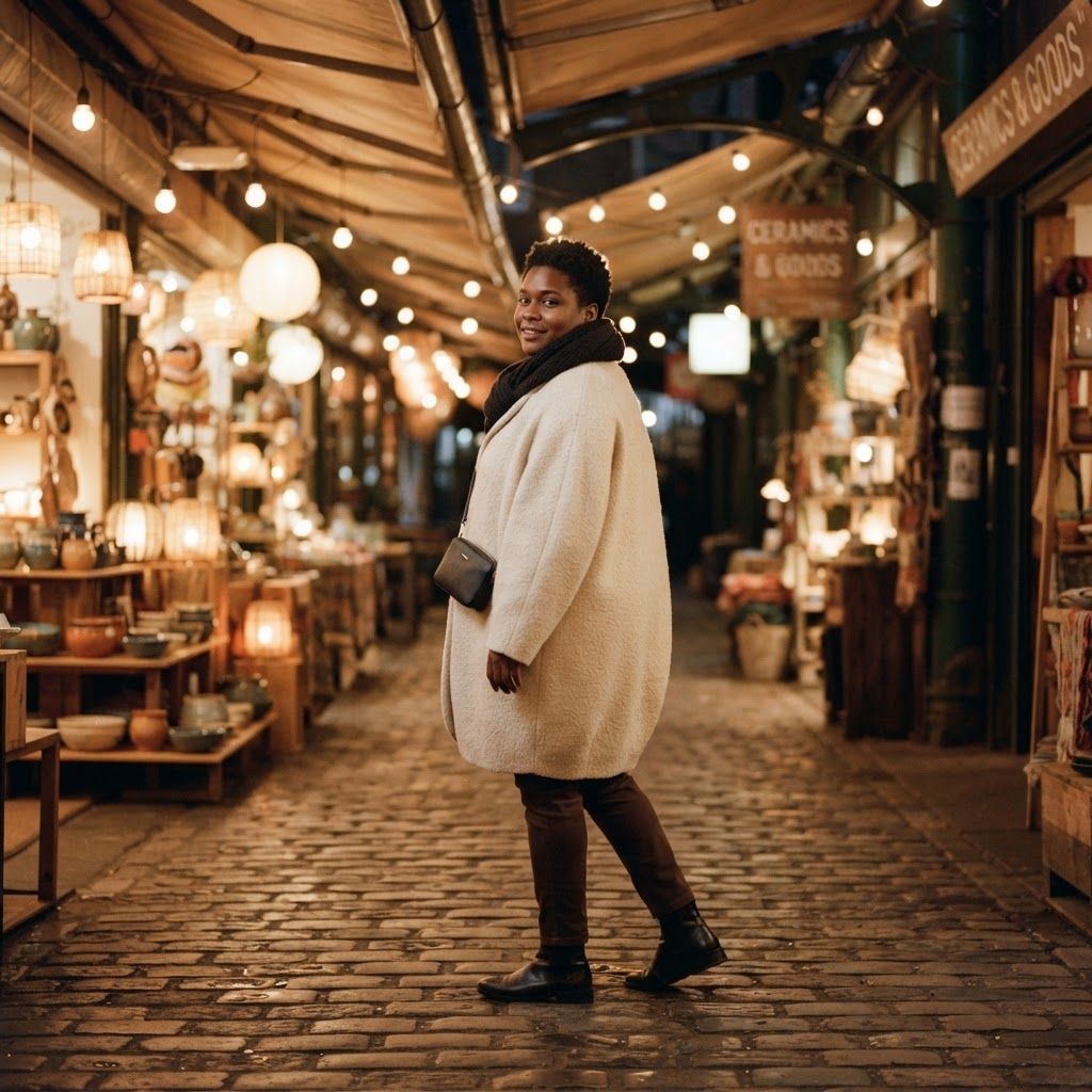 Cocoon Coat in a Night Market: Photorealistic full-length portrait under the warm bulbs of a covered night-market walkway.