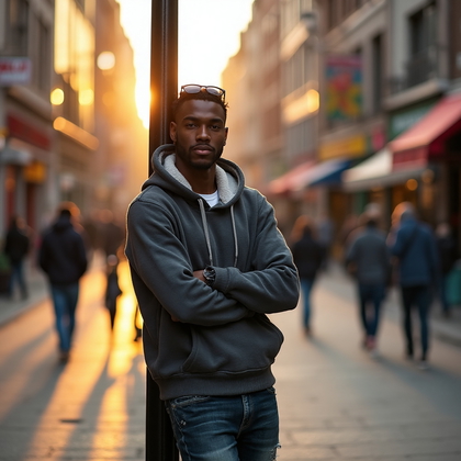 AI-generated photo: Casual outdoor lifestyle photo on a bustling city street during golden hour. The subject wears a cha...