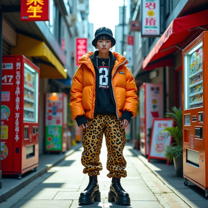 AI-generated photo: Photorealistic fashion portrait, a Harajuku-inspired look staged in a narrow pedestrian street fille...