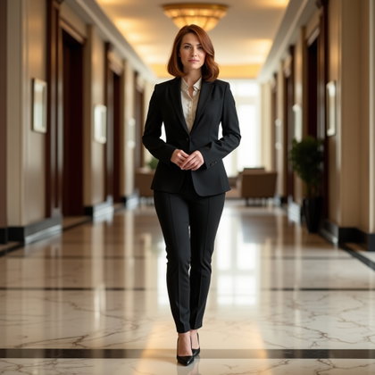 Tailleur-pantalon bien coupé : portrait en pied dans un hall de bureaux raffiné en marbre, une seule personne visible portant un tailleur-pantalon noir bien coupé aux revers nets, bien repassé…