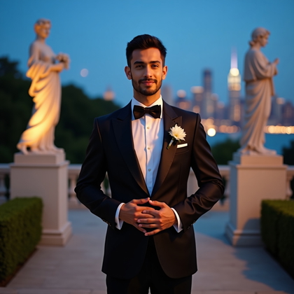 AI-generated photo: Photorealistic wedding portrait photo on a museum sculpture garden terrace at twilight, framed betwe...