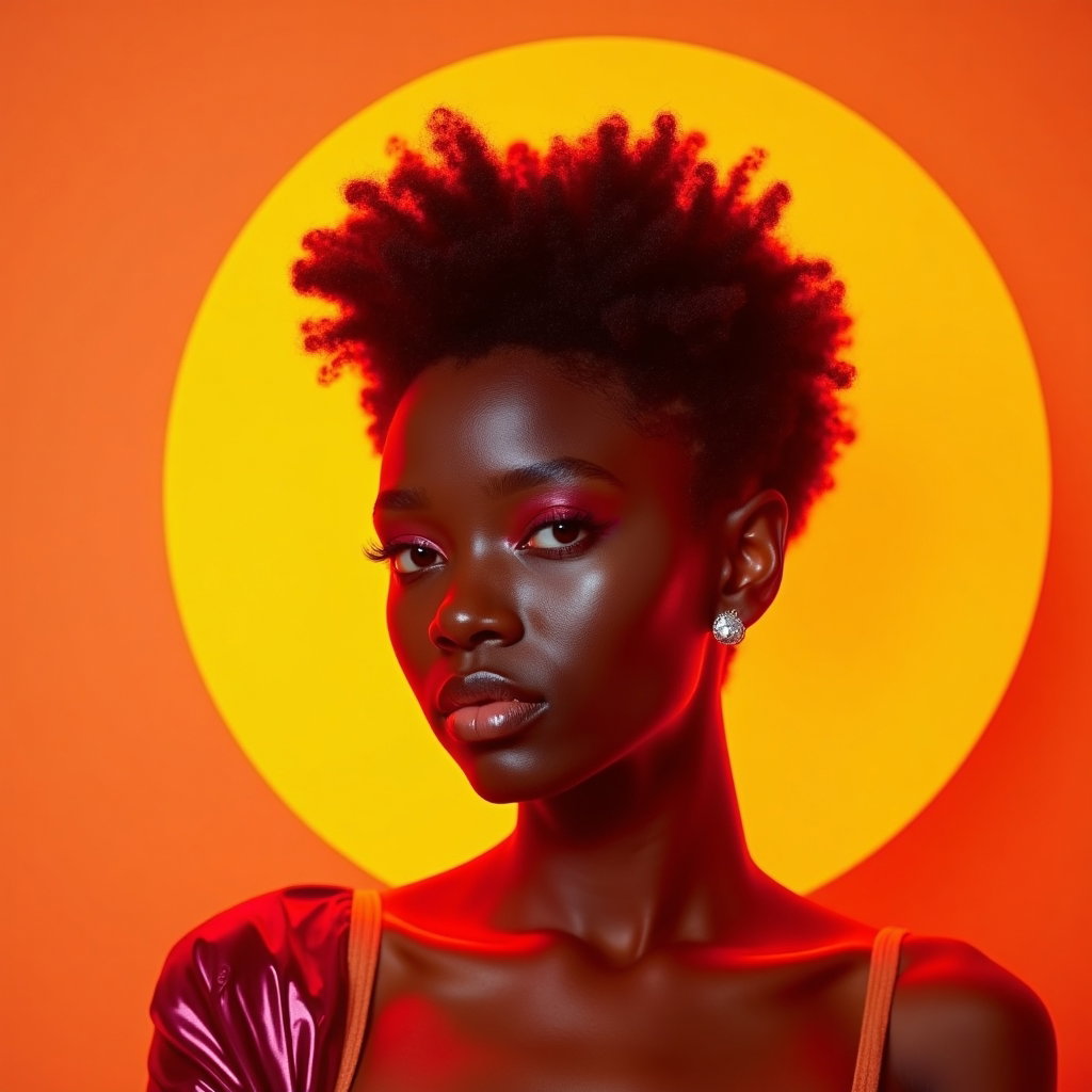 Minimal Color-Backdrop Pop Album Cover Portraits example: Photorealistic conceptual pop album cover portrait. Unexpected minimal set with a vivid orange backdrop, a large circula