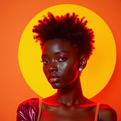 Minimal Color-Backdrop Pop Album Cover Portraits example: Photorealistic conceptual pop album cover portrait. Unexpected minimal set with a vivid orange backdrop, a large circula