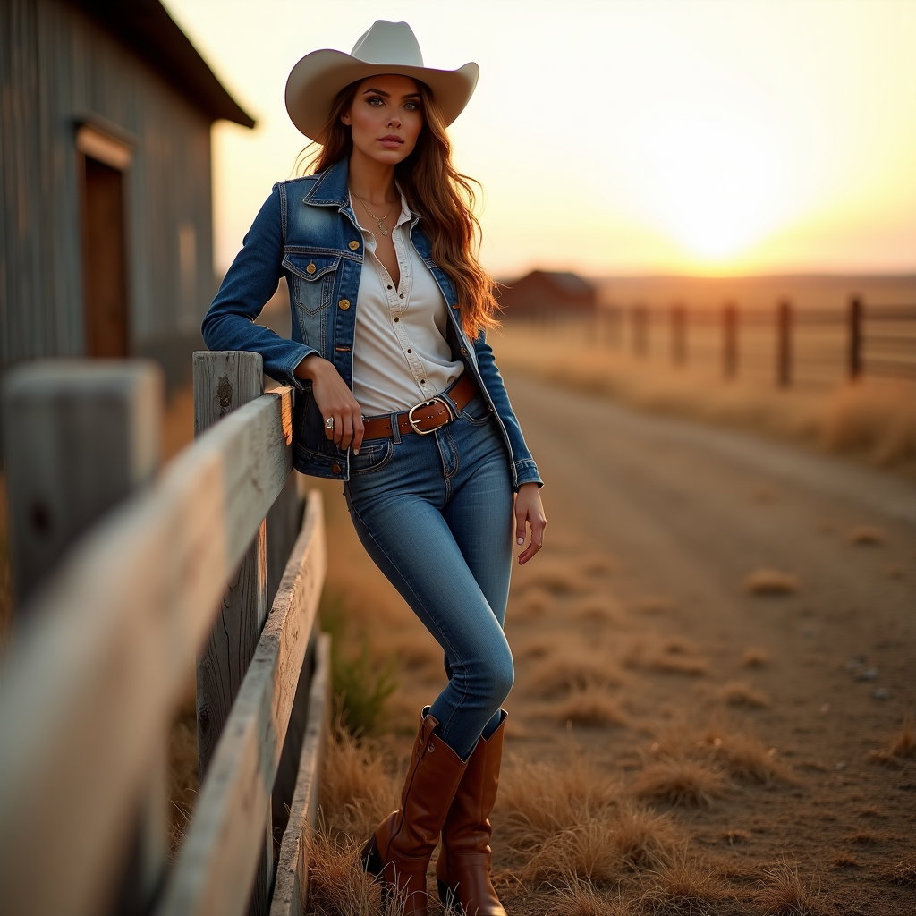 AI-generated photo: Photorealistic fashion photography, a confident cowboy-inspired portrait with the subject leaning on...