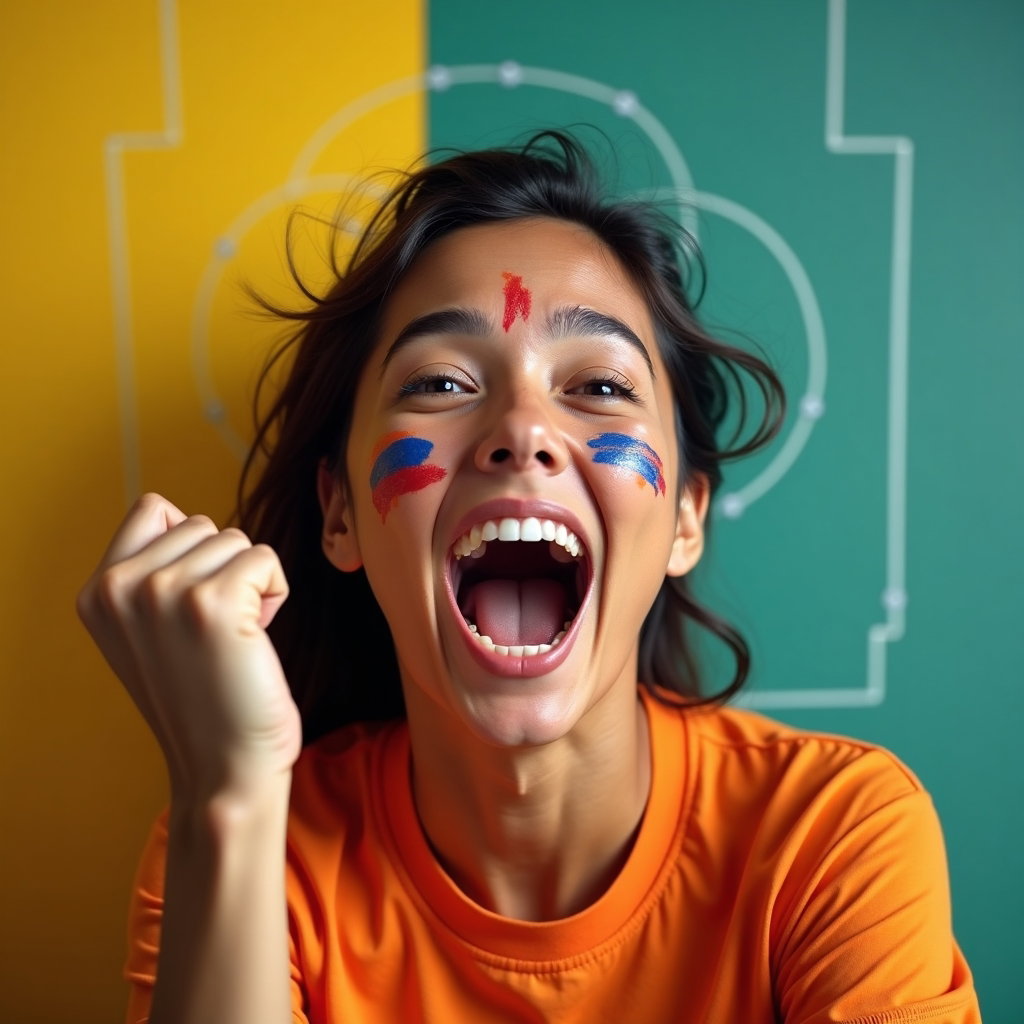 Victory Roar Celebration Portraits example: Photorealistic social profile portrait photography. Square avatar-style head-and-shoulders crop of the fan facing slight