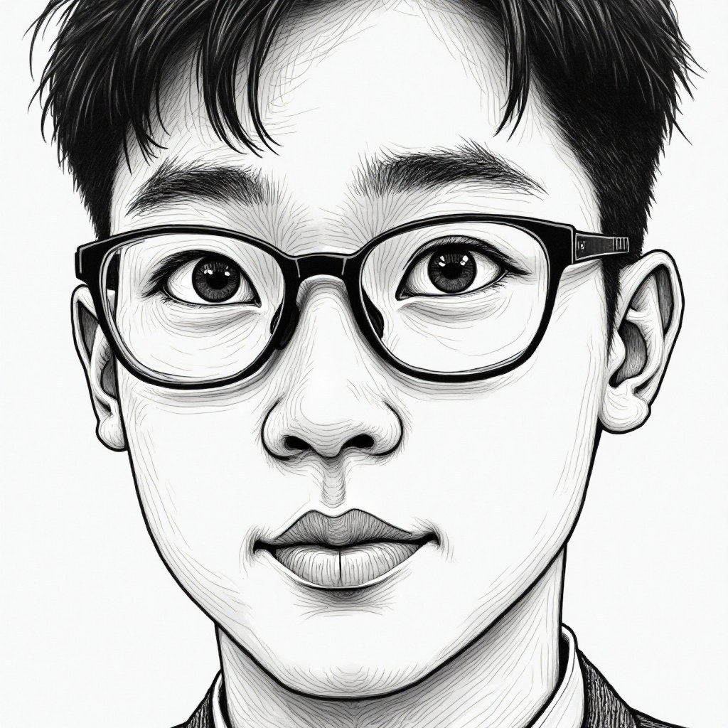 AI-generated photo: Line art illustration. Create an evocative close-up of a 32-year-old Asian man with glasses, focusin...