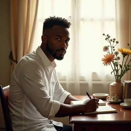 Soft Windowlight Poetcore Portrait in a White Shirt example: Photorealistic portrait photography. Half-body portrait at a small vintage writing desk, wearing a crisp white shirt wit
