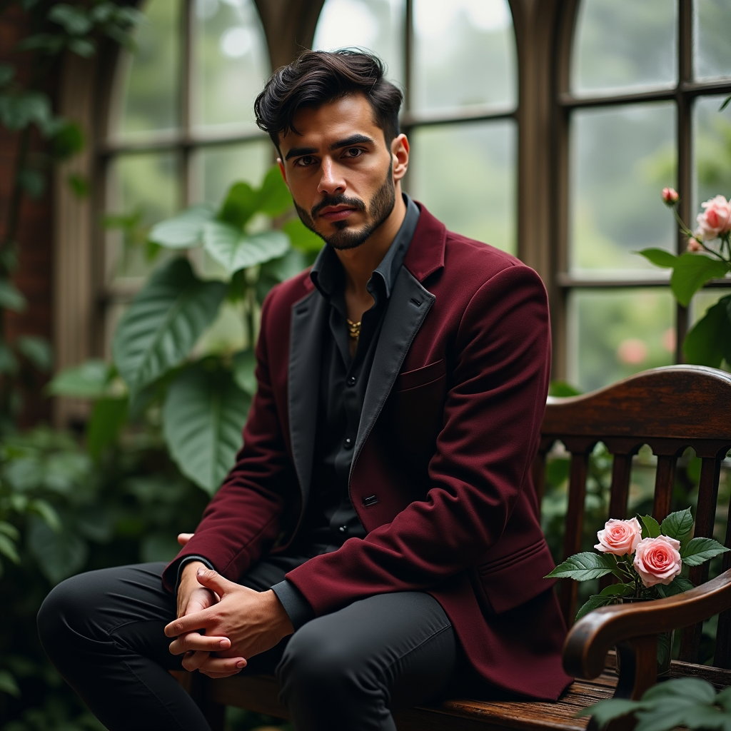 Soft Gothic Morning Portrait example: Dating profile photo. Environmental portrait in a gothic conservatory filled with ferns, roses, and arched glass panels,