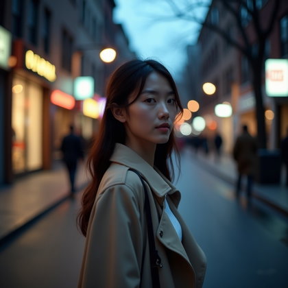 Romantic Close-Up With Loose Hair and Tired Eyes example: Dating profile photo, motion portrait walking through a quiet city street at dusk, face clearly visible while turning ba
