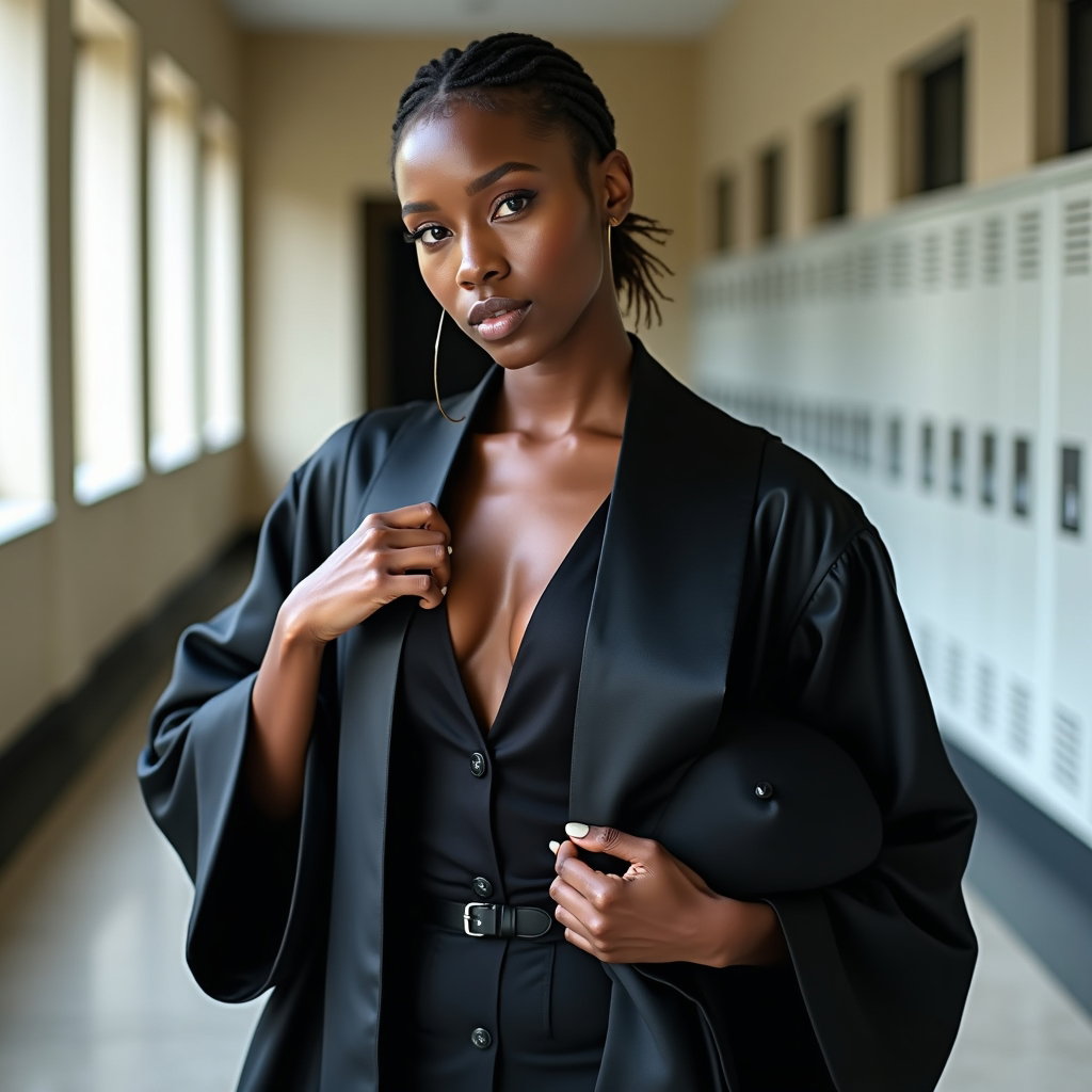 AI-generated photo: Fashion portrait photography, a polished reflective portrait in an empty academic hallway with clean...