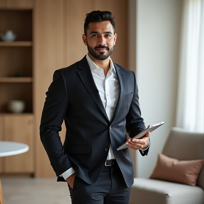 LinkedIn photo photography. Half-body portrait in a boutique client consultation suite with a clean round table, a closed folio, and a minimal credenza behind the subject, standing with one hand lightly holding a slim tablet and the other relaxed. Refined business attire, confident client-ready expression, soft neutral lighting, cream and espresso tones, balanced composition, and a calm high-trust consulting mood.
