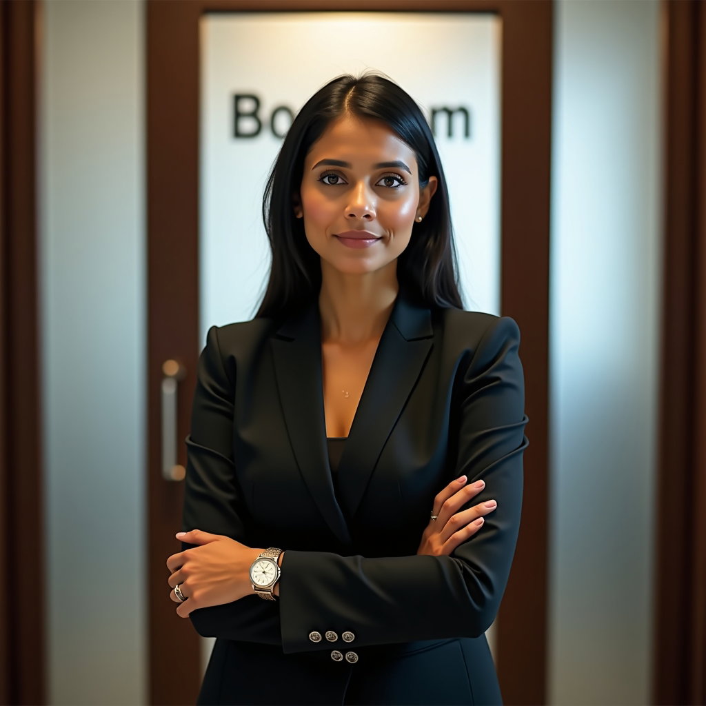 AI-generated photo: Professional headshot: captured just inside a conference room doorway, the frosted glass panel readi...