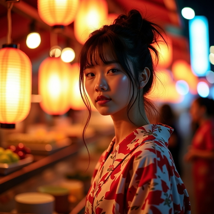 AI-generated photo: Fashion editorial photography, a lively summer night festival look centered on a contemporary yukata...