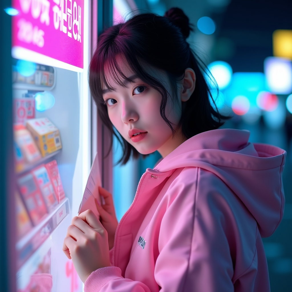 Pastel Idol by Day, Hunter by Night Portrait example: Cinematic fantasy character photo. Close-up portrait in a pastel vending-machine alley, face clearly visible in a three-