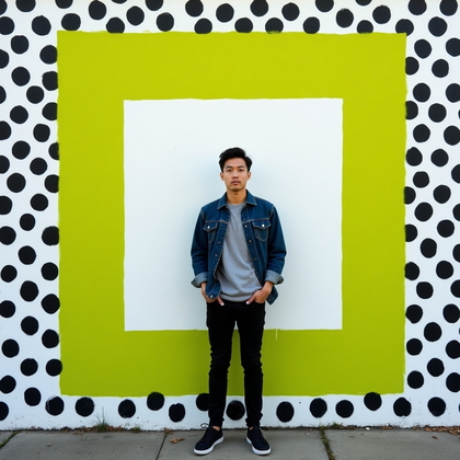 AI-generated photo: Photorealistic lifestyle portrait photograph in front of a massive black-and-white polka-dot mural p...