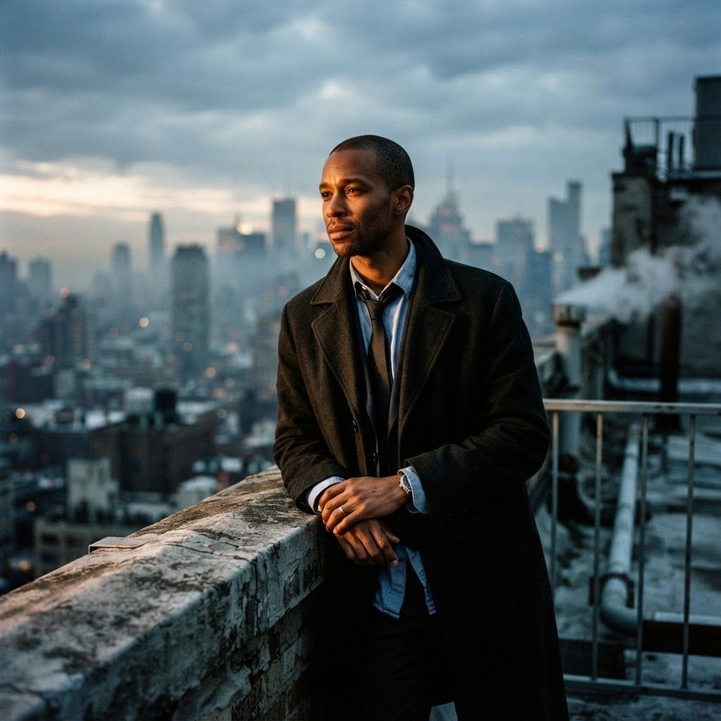 Dawn After The Case: A cinematic personal photo of the subject standing alone on a rooftop parapet at dawn, loosened tie and open coat showing the aftermath of a…