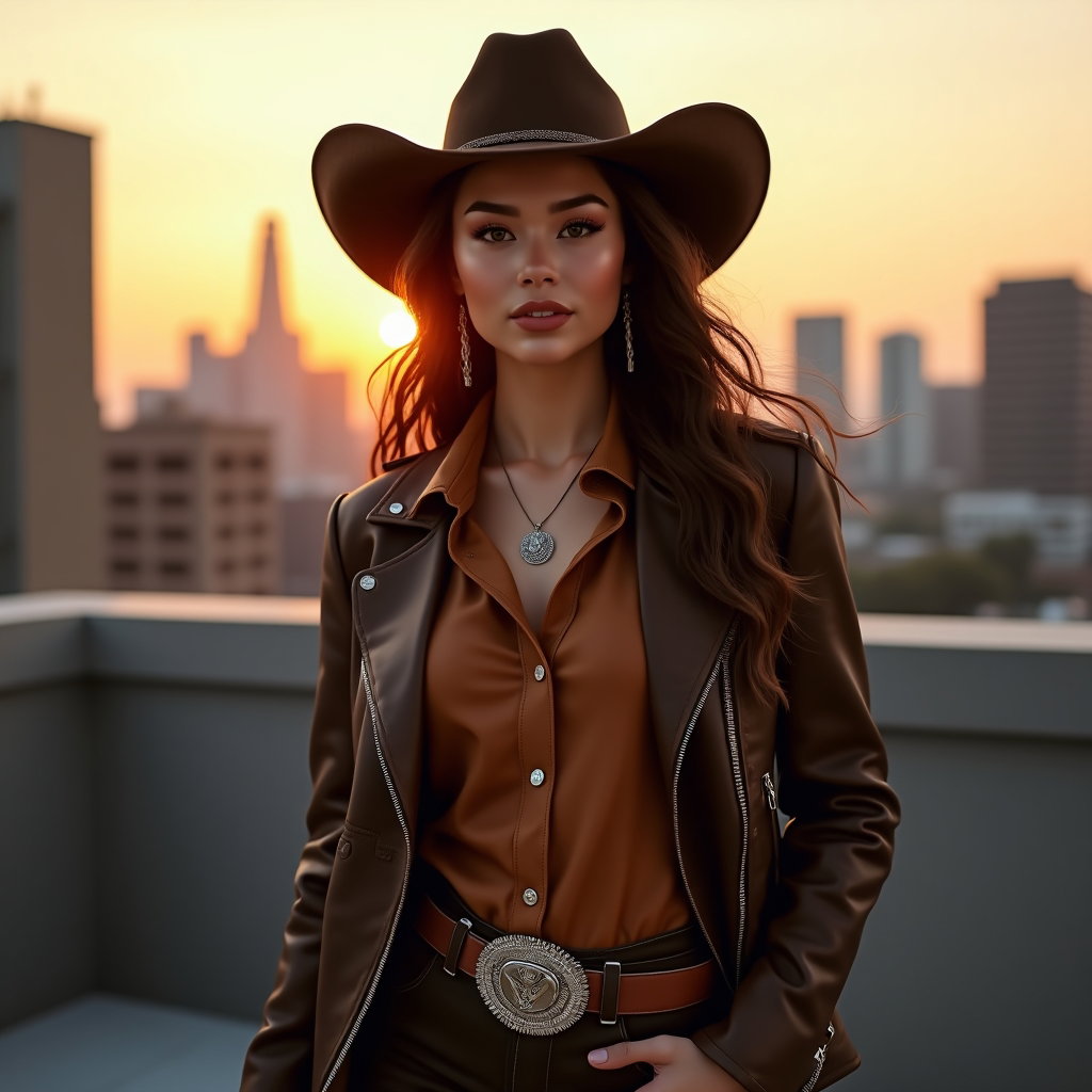 AI-generated photo: Photorealistic fashion portrait, a luxe cowboy rooftop portrait blending urban cool with western att...