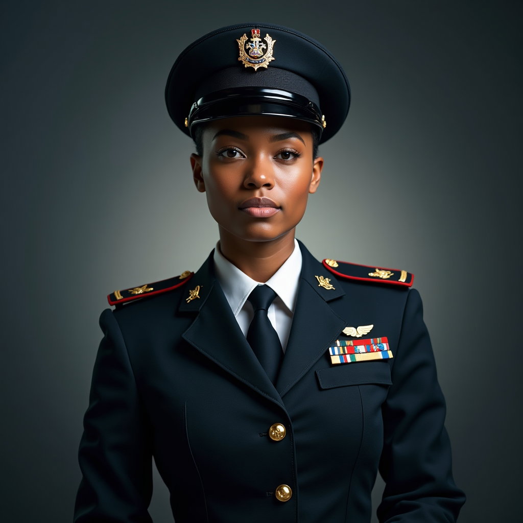AI-generated photo: Photorealistic studio portrait photography. An ultra-polished, high-impact formal service portrait i...