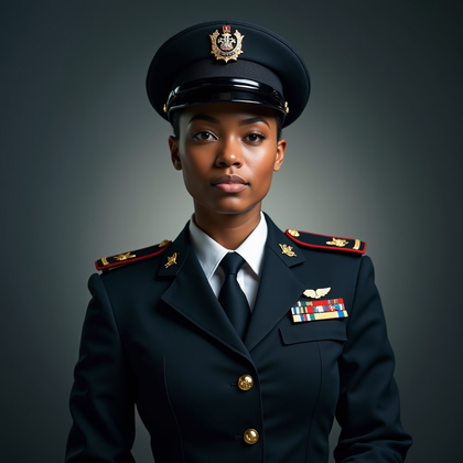 AI-generated photo: Photorealistic studio portrait photography. An ultra-polished, high-impact formal service portrait i...