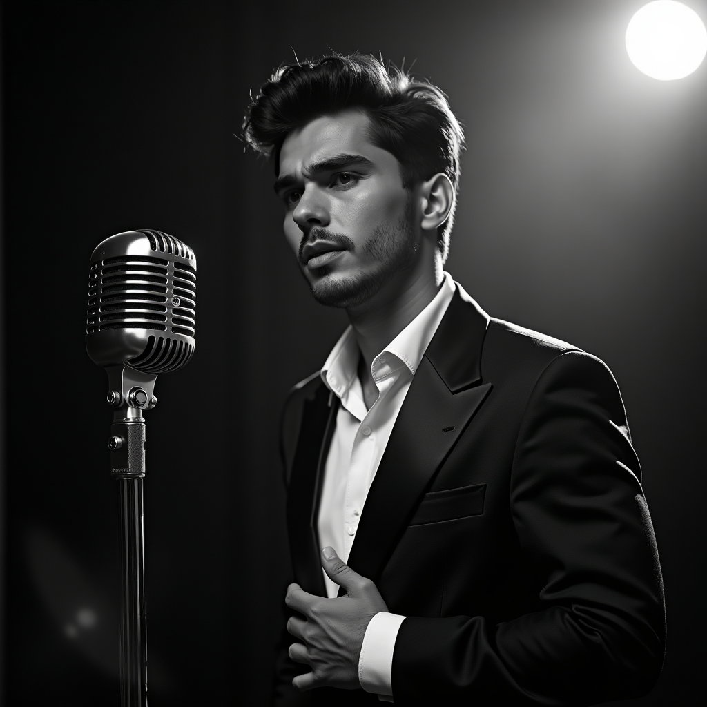 Moody Black-and-White Ballad Album Cover Portraits example: Photorealistic black-and-white album cover photo. Half-body portrait beside a vintage microphone stand, the subject wear