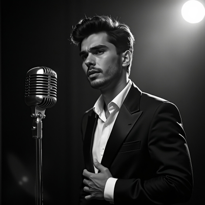 Moody Black-and-White Ballad Album Cover Portraits example: Photorealistic black-and-white album cover photo. Half-body portrait beside a vintage microphone stand, the subject wear