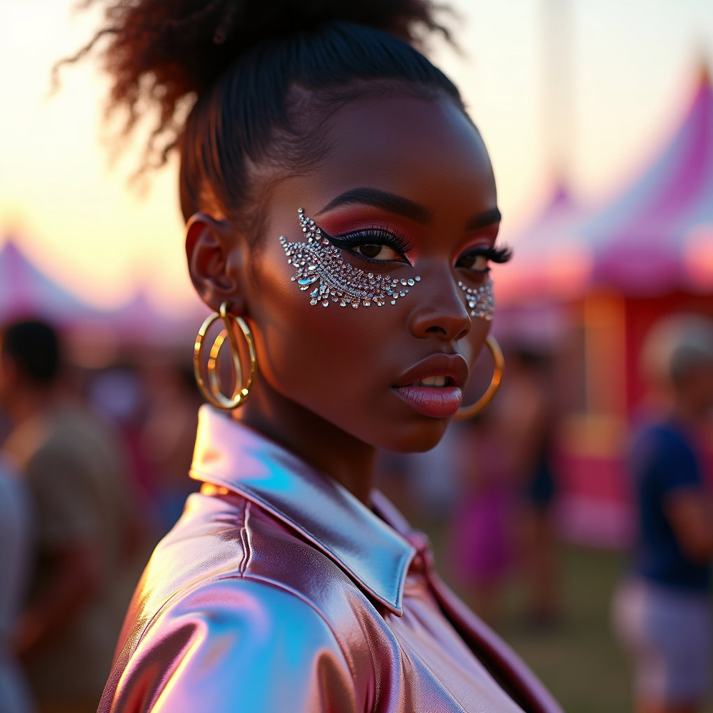 Glitter-and-Gems Beauty Close-Up example: Photorealistic festival portrait photography, a half-body beauty shot showing the face clearly with bold crystal face ge