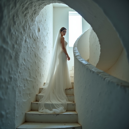 AI-generated photo: Photorealistic wedding photography. On the interior spiral of a coastal lighthouse, whitewashed ston...