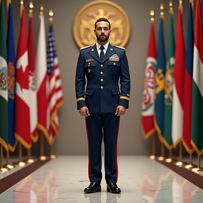 AI-generated photo: Photorealistic formal promotion portrait photography with a ceremonial backdrop. The subject stands ...