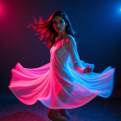 AI-generated photo: Photorealistic studio portrait photograph of a person spinning in place, full torso framed, with a s...