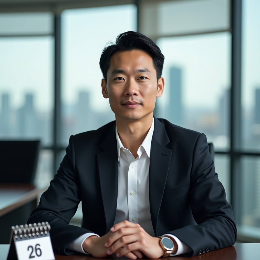 AI-generated photo: Professional headshot in an executive boardroom with a blurred skyline and a muted “2026” desk calen...