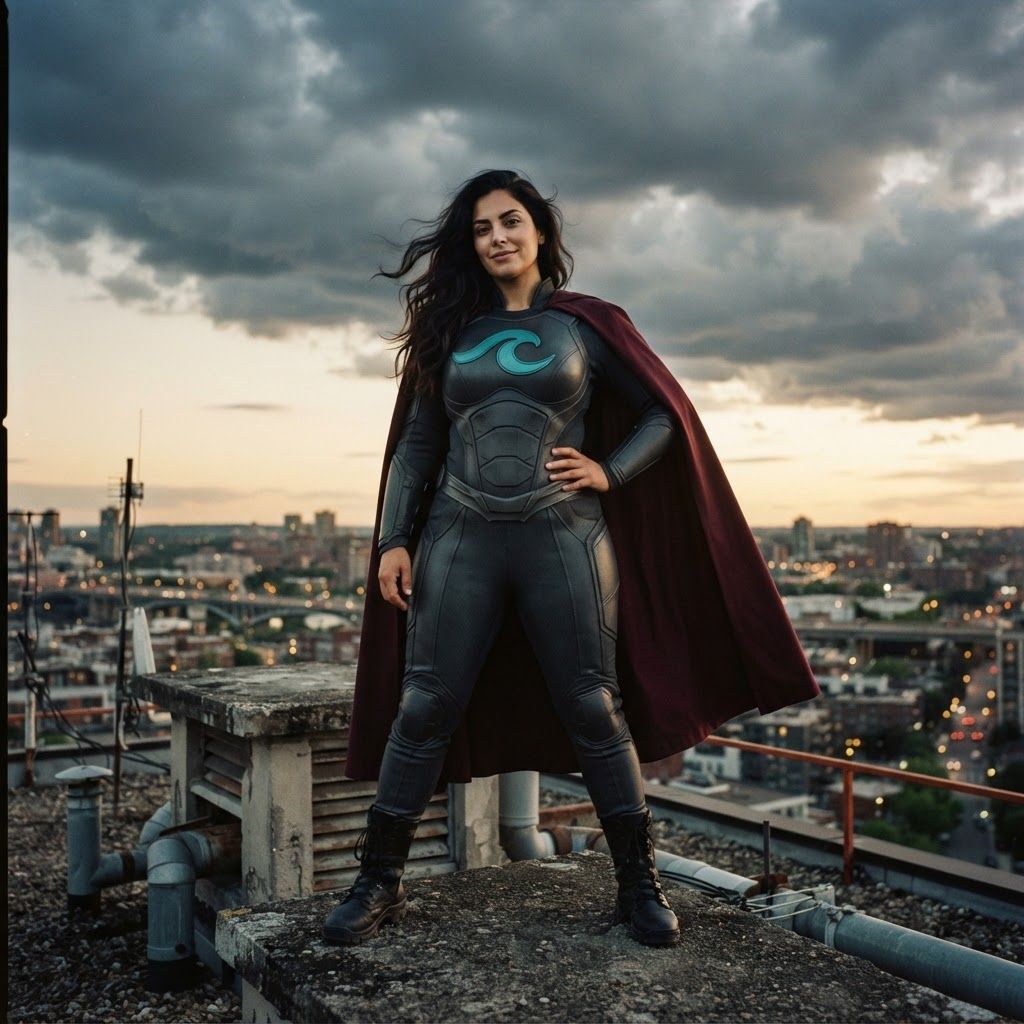 Comic-Book Superhero Above the City: Full-body low-angle superhero photo on a rooftop beneath a dramatic bank of clouds.