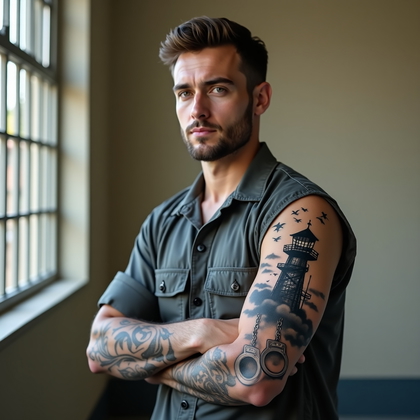 AI-generated photo: Photorealistic prison portrait photograph, the person standing against a neutral off-white cinderblo...