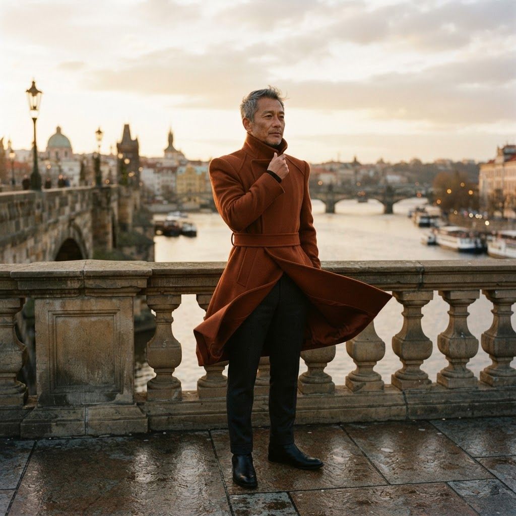Sculptural Coat on a Windy Bridge: Low-angle, full-length fashion portrait on a broad stone bridge above the river.