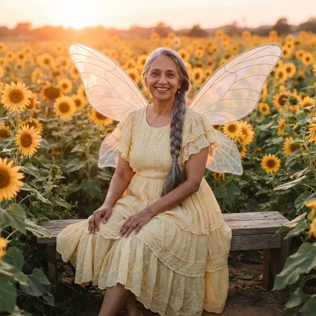 Garden Fairy Among Flowers: Bright, welcoming fairy-costume portrait in a sunflower garden near sunset.