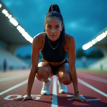 AI-generated photo: Photorealistic fashion sports photography of a “ready to explode” track start power pose in a crouch...