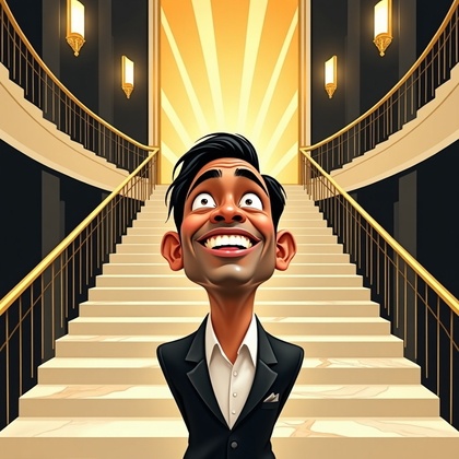 AI-generated photo: Art Deco caricature illustration set in a grand theater foyer, the camera floating high above the sw...
