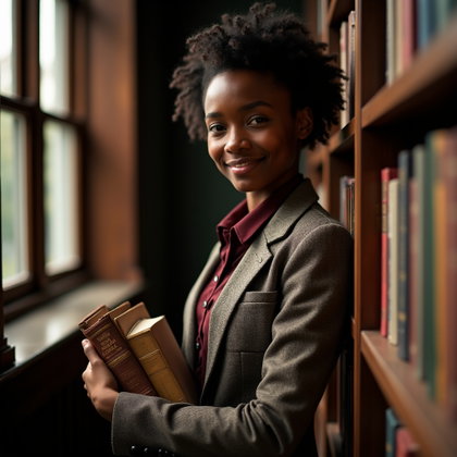 Vintage Bookshop Aisle Portrait With a Secretive Smile example: Photorealistic half-body portrait photography. Leaning against a narrow bookshop aisle ladder with one shoulder turned t